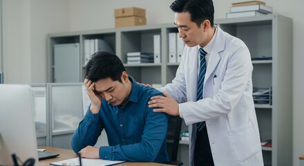 Fototapeta premium Doctor Comforting Patient at Desk in Office