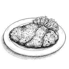 Schnitzel Plate Illustration. Breaded cutlet with lettuce garnish, black and white sketch style, food icons, classic dish, restaurant menu, Austrian cuisine