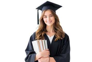 A young woman in a graduation cap and gown stands proudly holding a stack of books. symbolizing academic achievement and future aspirations. with a clean white background emphasizing her accomplishmen
