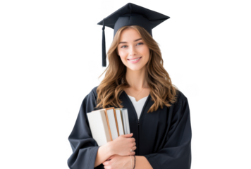 A young woman in a graduation cap and gown stands proudly holding a stack of books. symbolizing academic achievement and future aspirations. with a clean white background emphasizing her accomplishmen