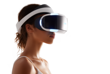 A woman wearing a sleek virtual reality headset. immersed in a futuristic experience. with a bright. minimalist background suggesting advanced technology and digital exploration