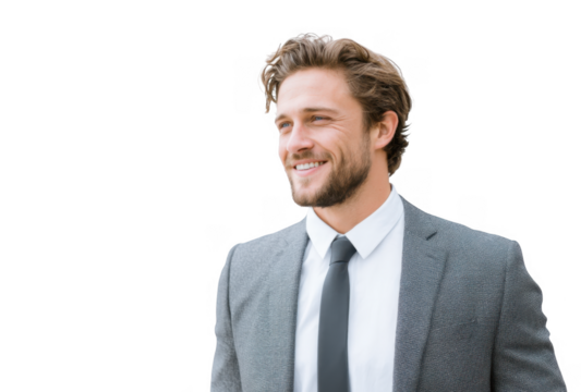 A confident businessman in a suit smiles warmly against a plain white background. exuding professionalism and approachability. ideal for corporate or personal branding use