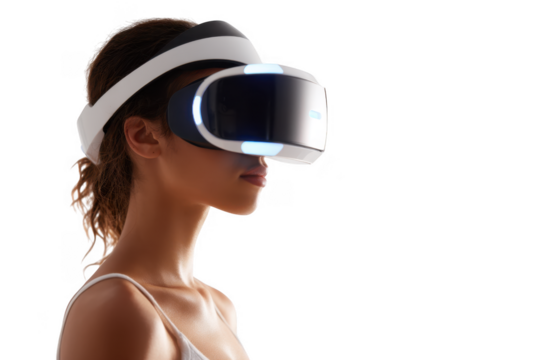 A woman wearing a sleek virtual reality headset. immersed in a futuristic experience. with a bright. minimalist background suggesting advanced technology and digital exploration