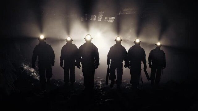 Gen-4 Turbo A banner depicting mining operations showcases the dramatic silhouette of miners wearing headlamps as they descend into an underground coal mine, set against a dimly lit backdrop to convey