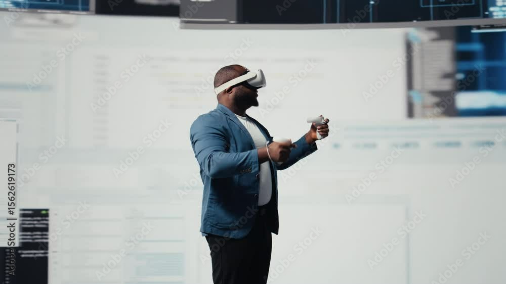 Poster african american programmer engaging in virtual reality with a headset, focusing on system developme