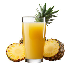 Pineapple Juice in Clear Glass with Fresh Sliced Pineapple &ndash; Tropical Yellow Fruit Drink on Transparent Background