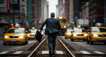 Determined businessman strides purposefully through a bustling city street, briefcase in hand, towards a bright future.