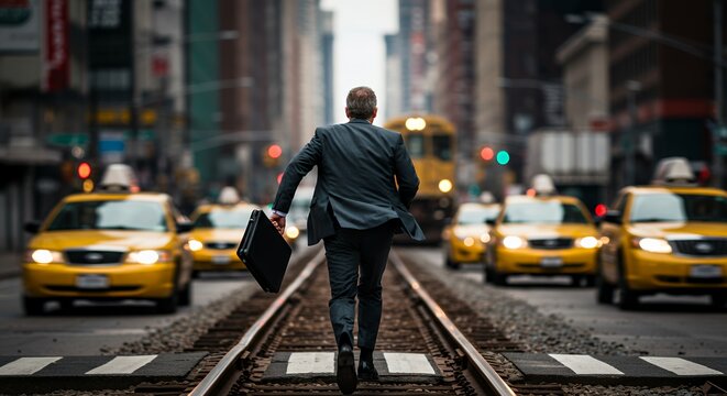 Determined businessman strides purposefully through a bustling city street, briefcase in hand, towards a bright future.