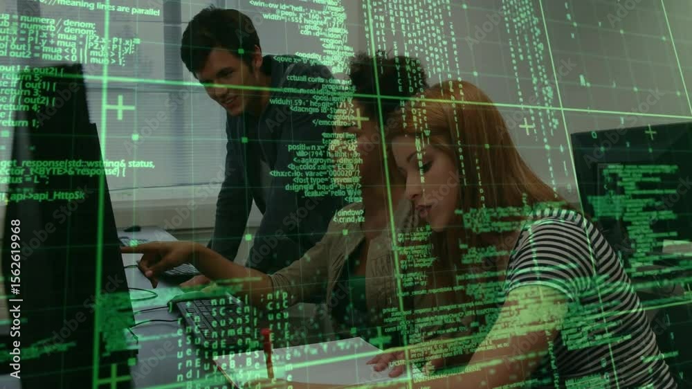 Poster man leaning over monitors initiating debugging on code while women typing and noting corrections