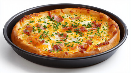Whole breakfast pizza in a black pan, featuring eggs, bacon, cheese, and herbs, perfect for breakfast promotions or food blogs