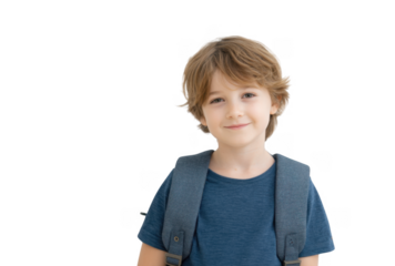 A cheerful young boy with a backpack smiles at the camera in a bright. minimalistic indoor setting. conveying a sense of readiness for school or adventure. with soft lighting enhancing the mood