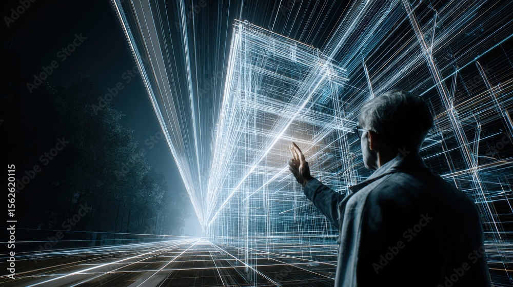 Poster futuristic young man interacting with holographic digital geometric grid and neon light lines in a h
