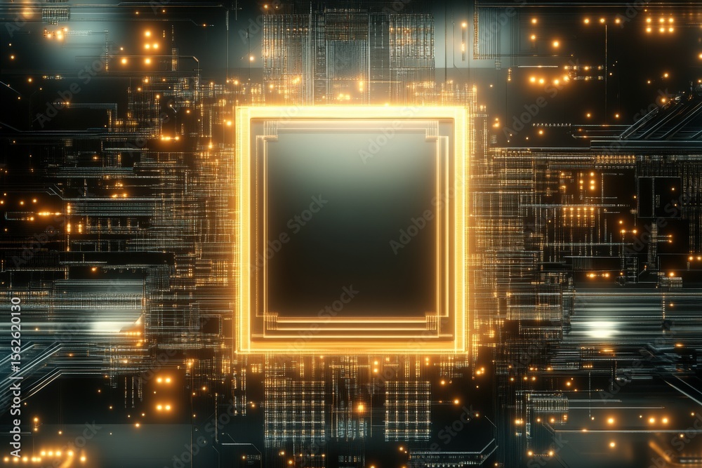 Poster Futuristic glowing computer microprocessor chip with bright golden circuitry connected to digital technology network on dark background
