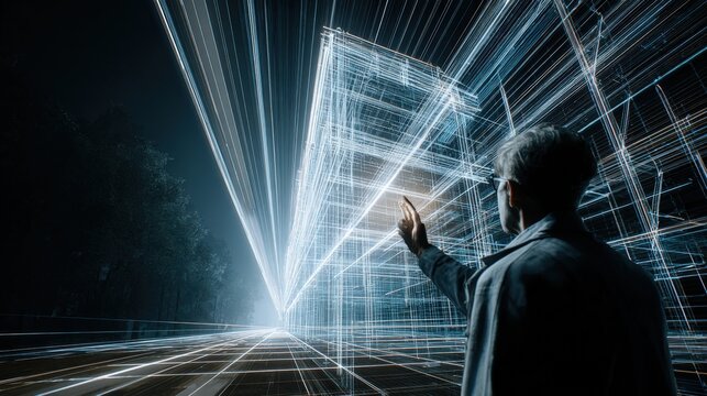 Futuristic young man interacting with holographic digital geometric grid and neon light lines in a high-tech virtual environment at night