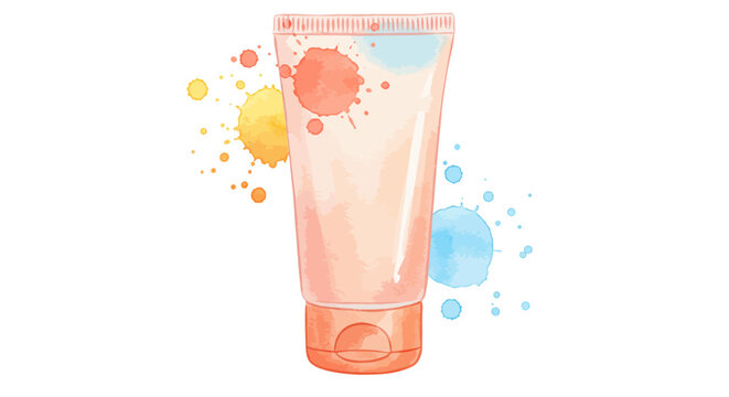 Watercolor Illustration of a Cosmetic Tube with Colorful Paint Splatters