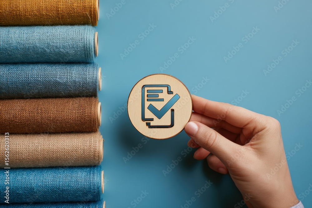 Poster hand holding wooden sign with checkbox icon in front of stacked rolled fabric textiles on blue backg