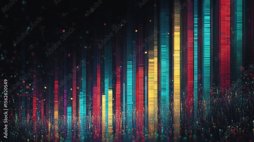 Aufkleber Vibrant Digital Data Stream Visualization with Colorful Vertical Bars and Abstract Technology Background for Data Analysis and Digital Connectivity