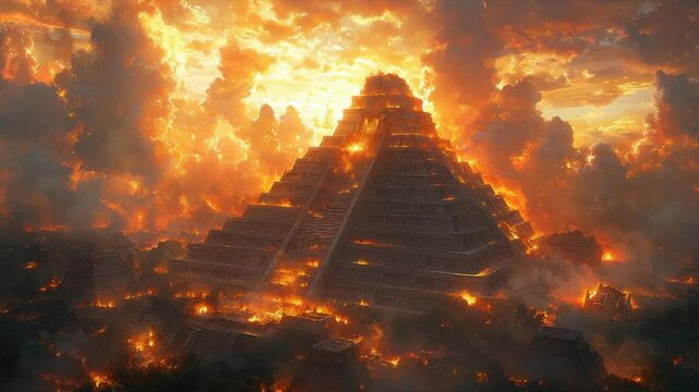 Fiery sunset engulfs a burning ancient pyramid and city