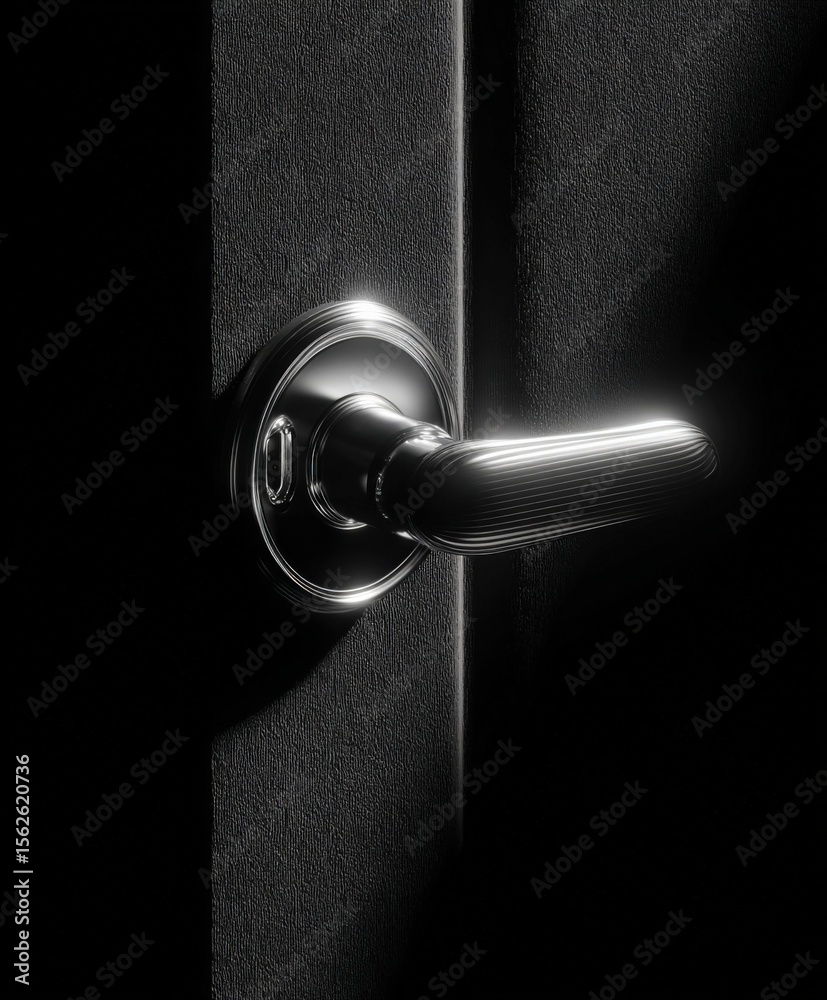 Poster close-up of modern silver door handle installed on black textured door in dim lighting for security 