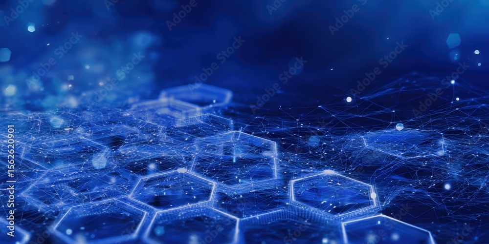Poster Highly detailed futuristic digital network with interconnected hexagons glowing in vibrant blue with data points and cyber technology elements