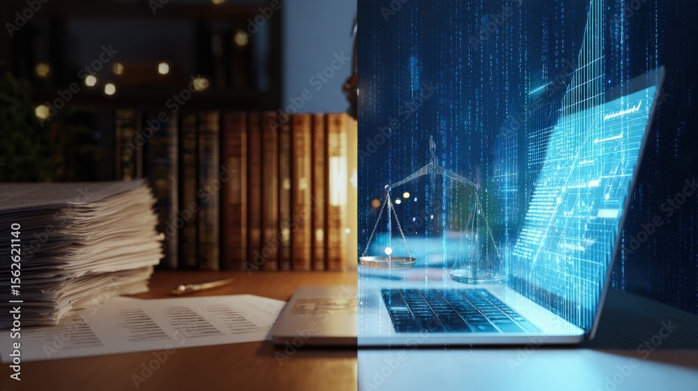 Poster Modern digital technology workspace with a laptop displaying data analysis and financial graphs in a dark room with glowing blue screen