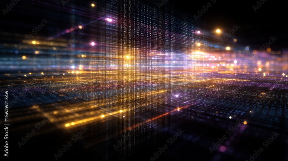 Poster Abstract digital data stream visualization featu glowing lines light trails and vibrant luminous grid representing technology network dynamics