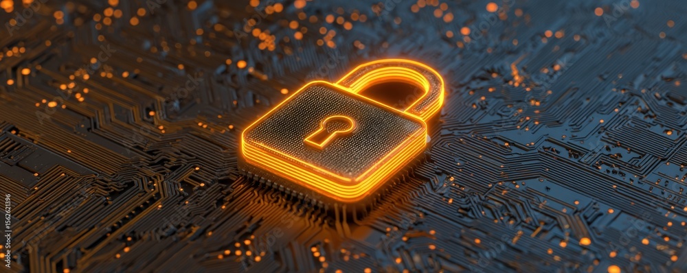 Aufkleber Brightly Glowing Digital Lock Icon on Circuit Board with Privacy and Security Concept for Technology and Data Safety