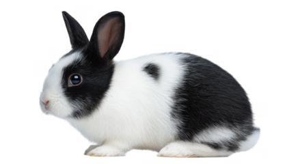 A close-up view of a black and white rabbit sitting calmly against a plain white background. showcasing its soft fur and expressive eyes. ideal for use in pet care or animal-themed content