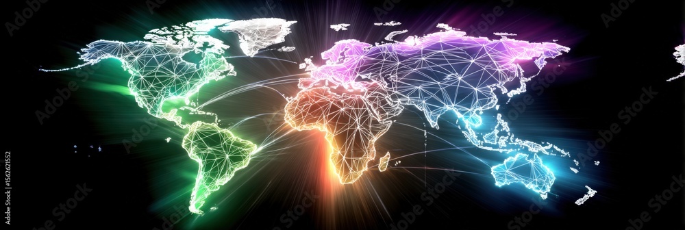 Aufkleber Vibrant Neon World Map Illustration with Glowing Network Lines and Digital Connectivity Visual for Global Technology and Communication Concept