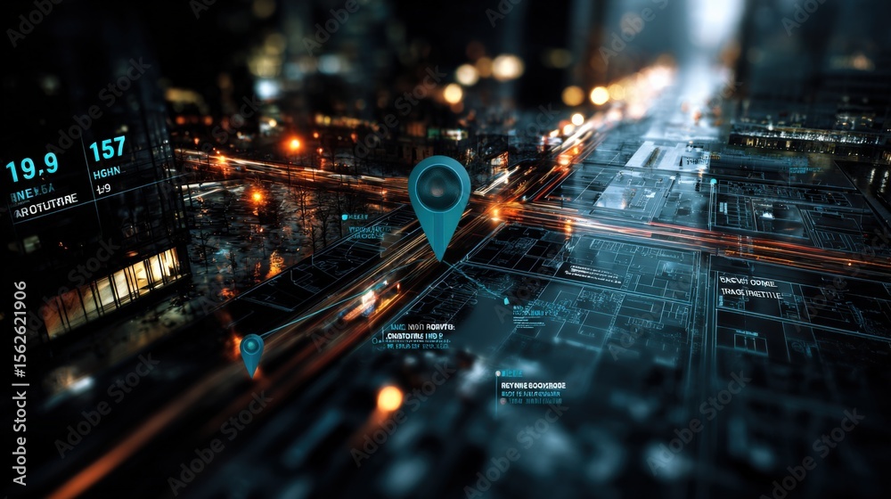 Poster futuristic digital city map with glowing streets and holographic navigation markers representing tec