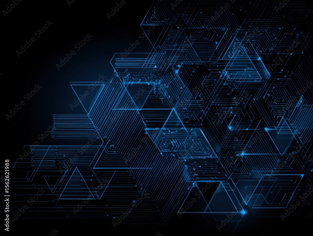 Poster Futuristic digital technology background with glowing blue geometric shapes and circuit lines on a dark backdrop for innovation visual