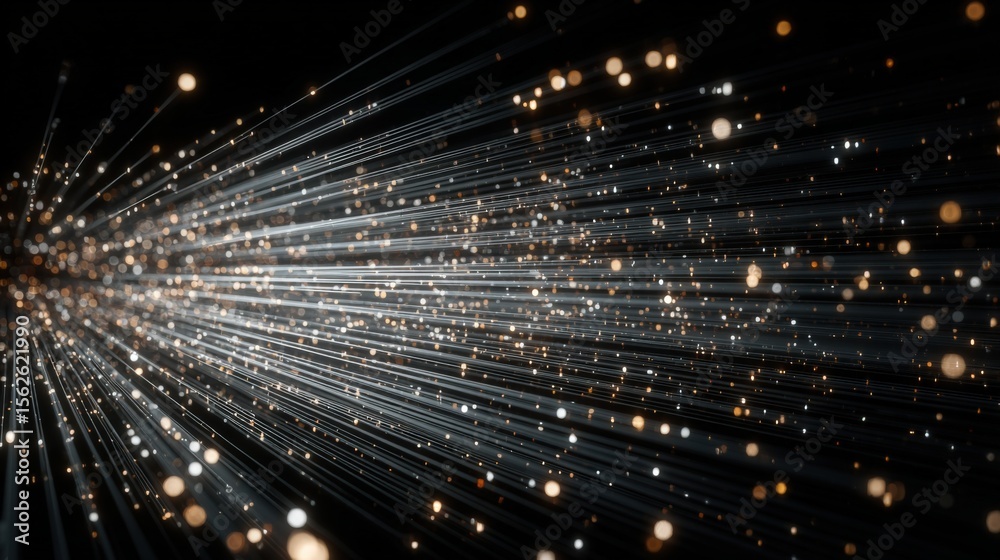 Poster Abstract cosmic light burst with bright streaks and sparkling particles in a dark background for science, technology, and space concepts