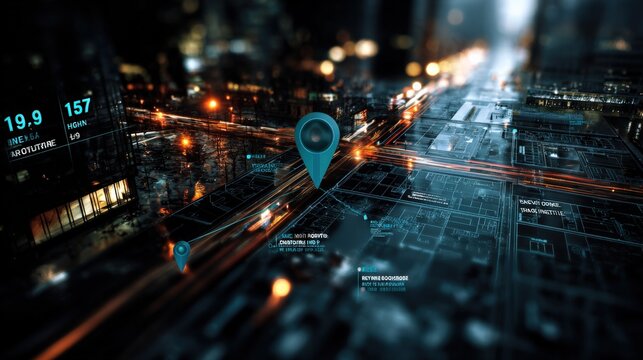 futuristic digital city map with glowing streets and holographic navigation markers representing technology and smart urban infrastructure - Powered by Adobe