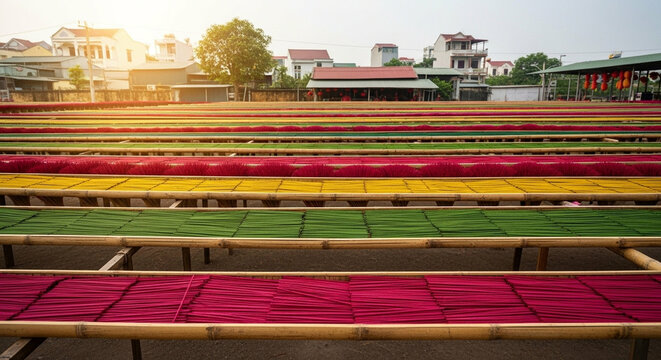 Rows of colorful incense sticks drying on bamboo racks in an outdoor setting under the sunlight