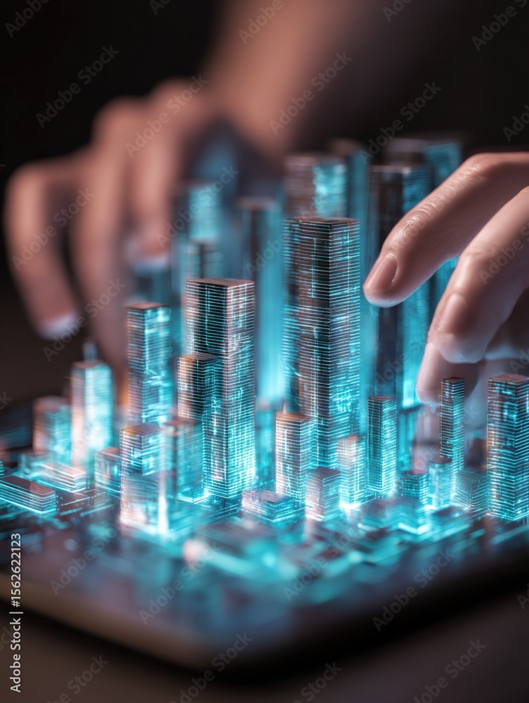 Aufkleber Interactive digital holographic cityscape model showcasing futuristic skyscrapers and illuminated virtual structures on touchscreen display
