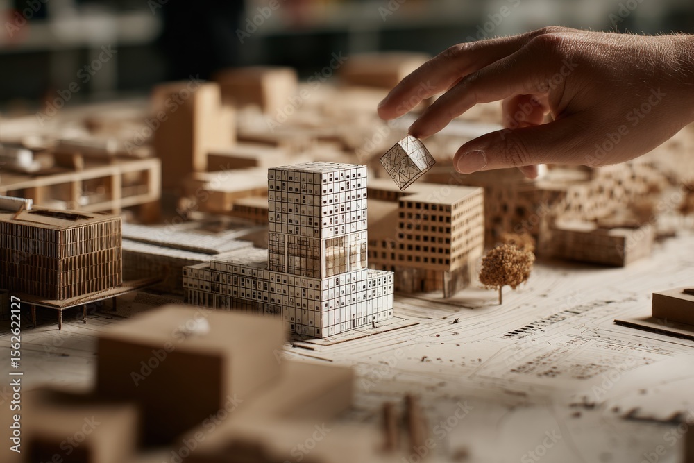 Poster detailed scale model of urban cityscape with small buildings and streets showing architectural plann