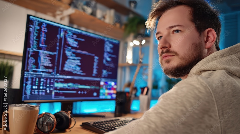 Leinwandbilder Young Male Programmer Coding Software Programming on Computer Screen in Modern Office Environment at Night with Focus and Concentration