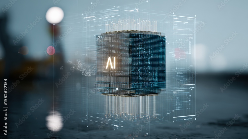 Poster AI Technology and Data Visualization Concept Featu a Digital Cube with Artificial ligence Text in a Futuristic Environment