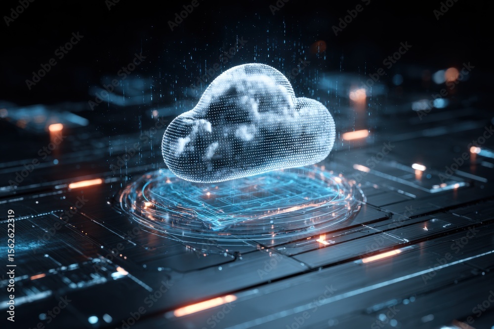 Poster Cloud Computing Technology Digital Data Cloud Storage Concept with Futuristic Glowing Network Interface on Dark Technological Background