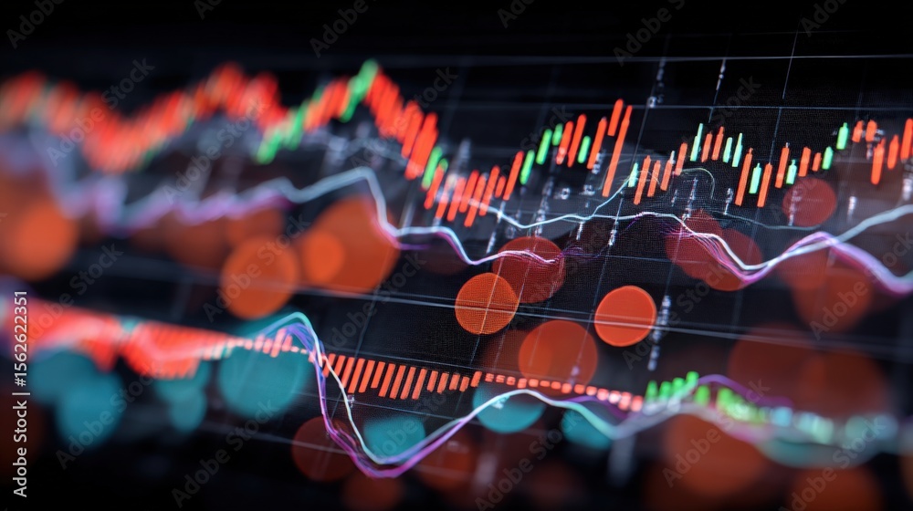 Aufkleber Detailed close-up of colorful financial stock market charts and data graphs on dark background with line graphs and candlestick representations