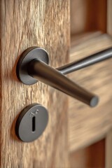 Obraz premium Close-up of a modern black door handle and keyhole on a rustic wooden door, contemporary home or office entryway hardware detail