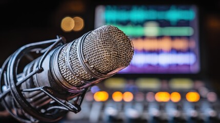 Professional condenser microphone with pop filter in recording studio with o editing software in background for music or podcast production