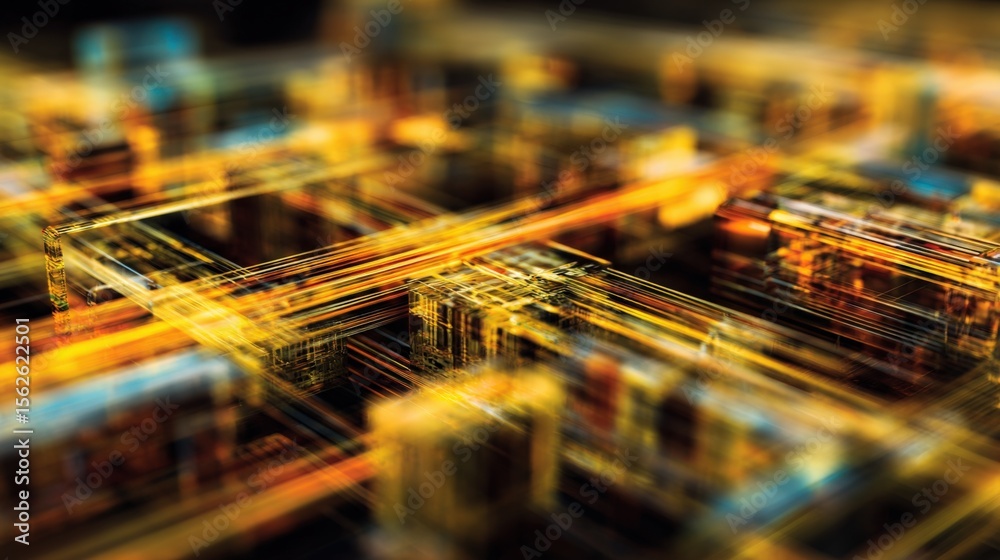 Poster Abstract futuristic digital cityscape with vibrant glowing lines and dynamic light trails representing advanced technology and digital connectivity