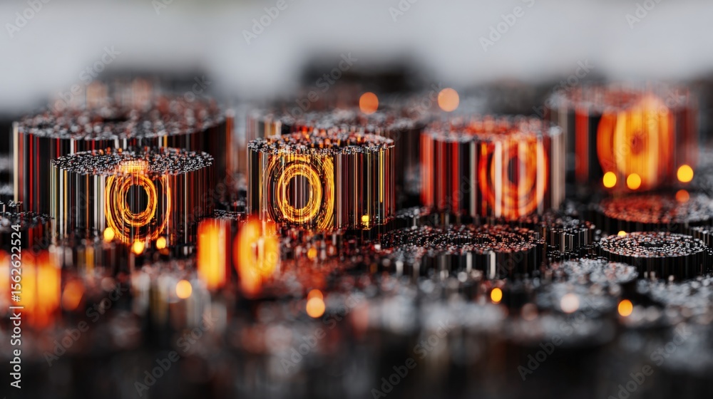 Poster Close-up of a computer motherboard showcasing illuminated orange and red memory chips and electronic components with detailed circuitry background
