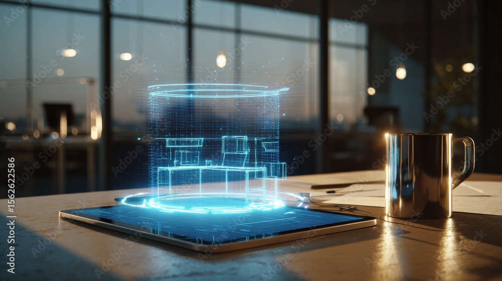 Aufkleber Futuristic holographic digital building model projection emerging from tablet device on table in modern office environment with and coffee mug