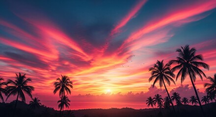 Obraz premium Vibrant tropical sunset with palm trees silhouetted against a fiery sky