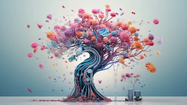  Gen-4 Turbo A blossoming tree bears the growth of a vibrant human brain, entwined with delicate flowers, as a watering can gracefully pours life-giving water onto the burgeoning mind&mdash;visually encapsu