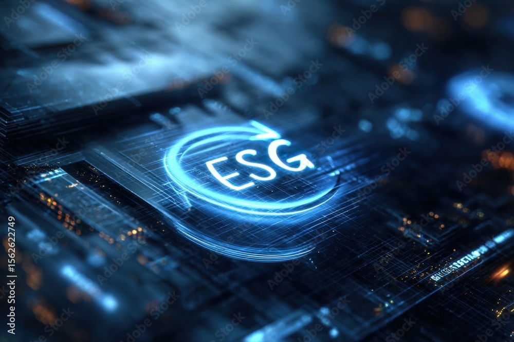 Fototapete Close-up of a futuristic digital interface displaying ESG abbreviation and icons representing sustainability environmental social governance concepts