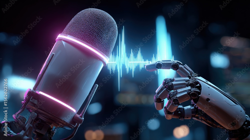 Poster High Tech Robotic Hand Interacting with Microphone and Sound Waves in a Futuristic Digital Environment for Voice Recognition and AI Technology