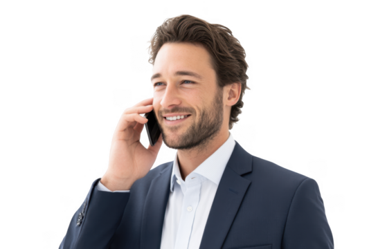 A professional man in a suit smiling while talking on a smartphone. set against a clean white background. conveying confidence and communication in a business environment